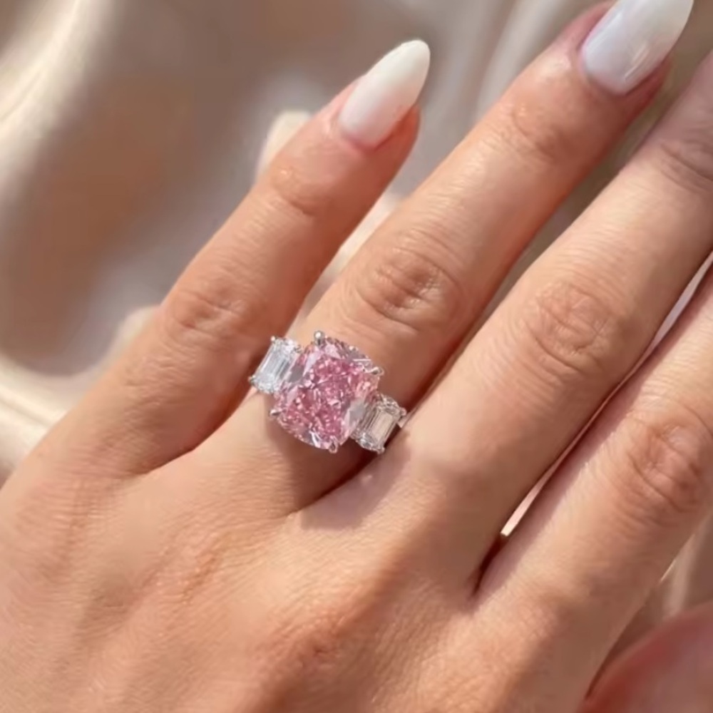 Pink Sapphire Cushion Center & Sterling Silver Stone Three-Stone Ring -